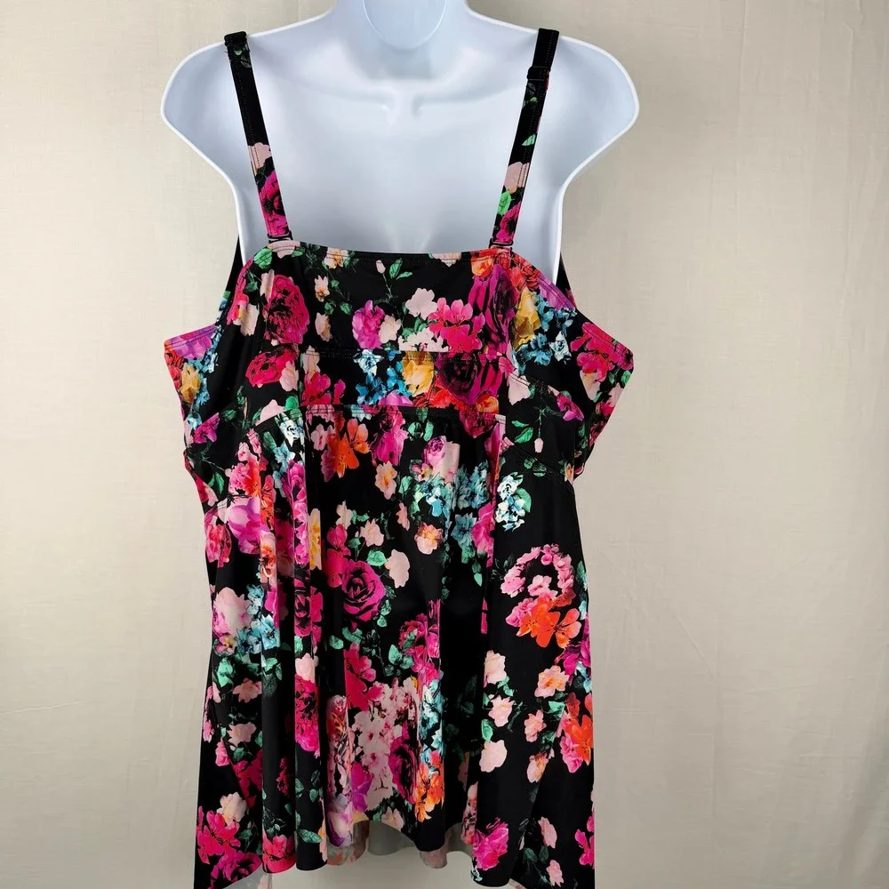 Torrid Floral Lattice V-Neck Tankini Swim Top Black Pink Plus Size 3 3X